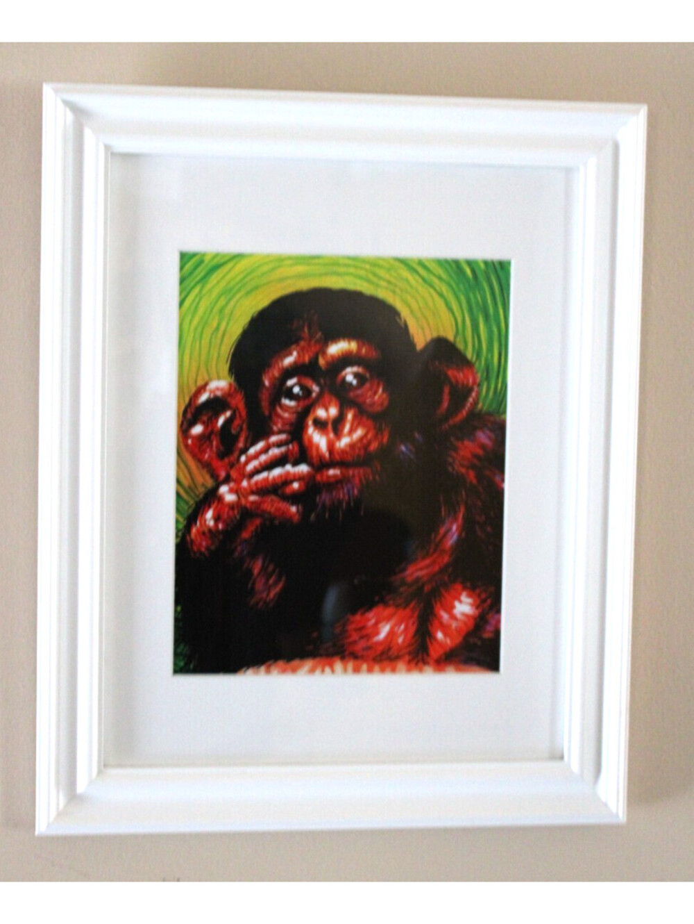 Thoughtful Monkey Pop Art in White Frame 16x14 Nursery Modern Home Decor